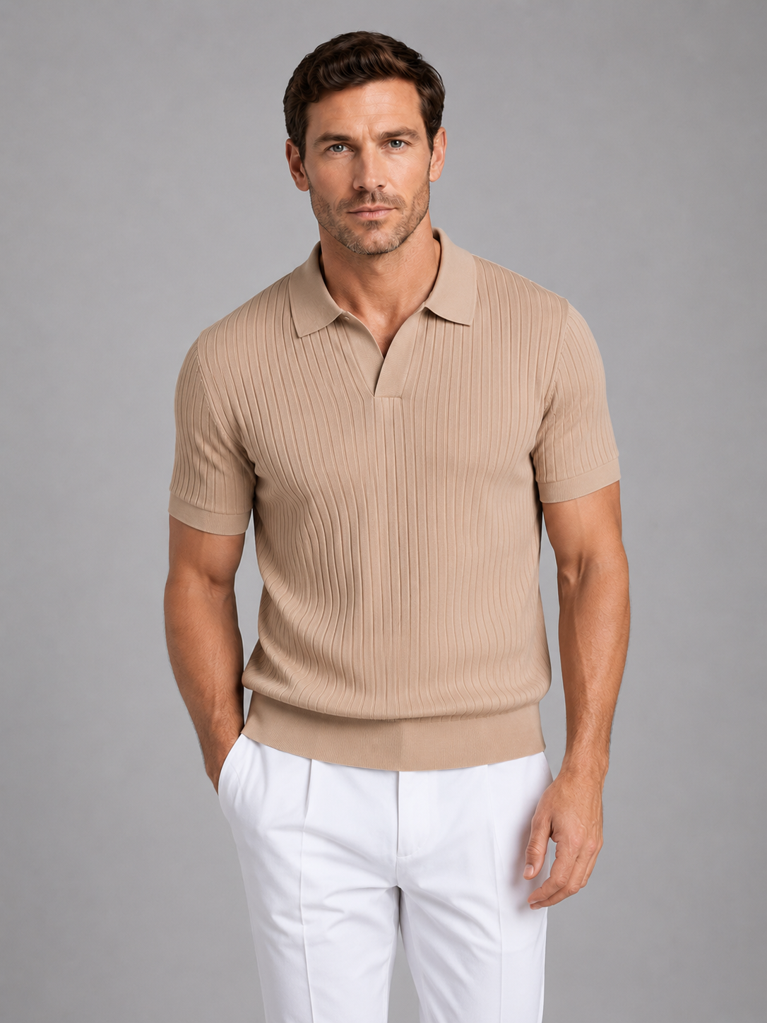Men's Ribbed Knit V-Neck Polo Shirt | Short Sleeve