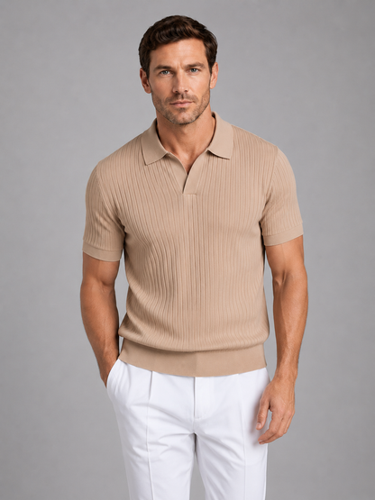 Men's Ribbed Knit V-Neck Polo Shirt | Short Sleeve