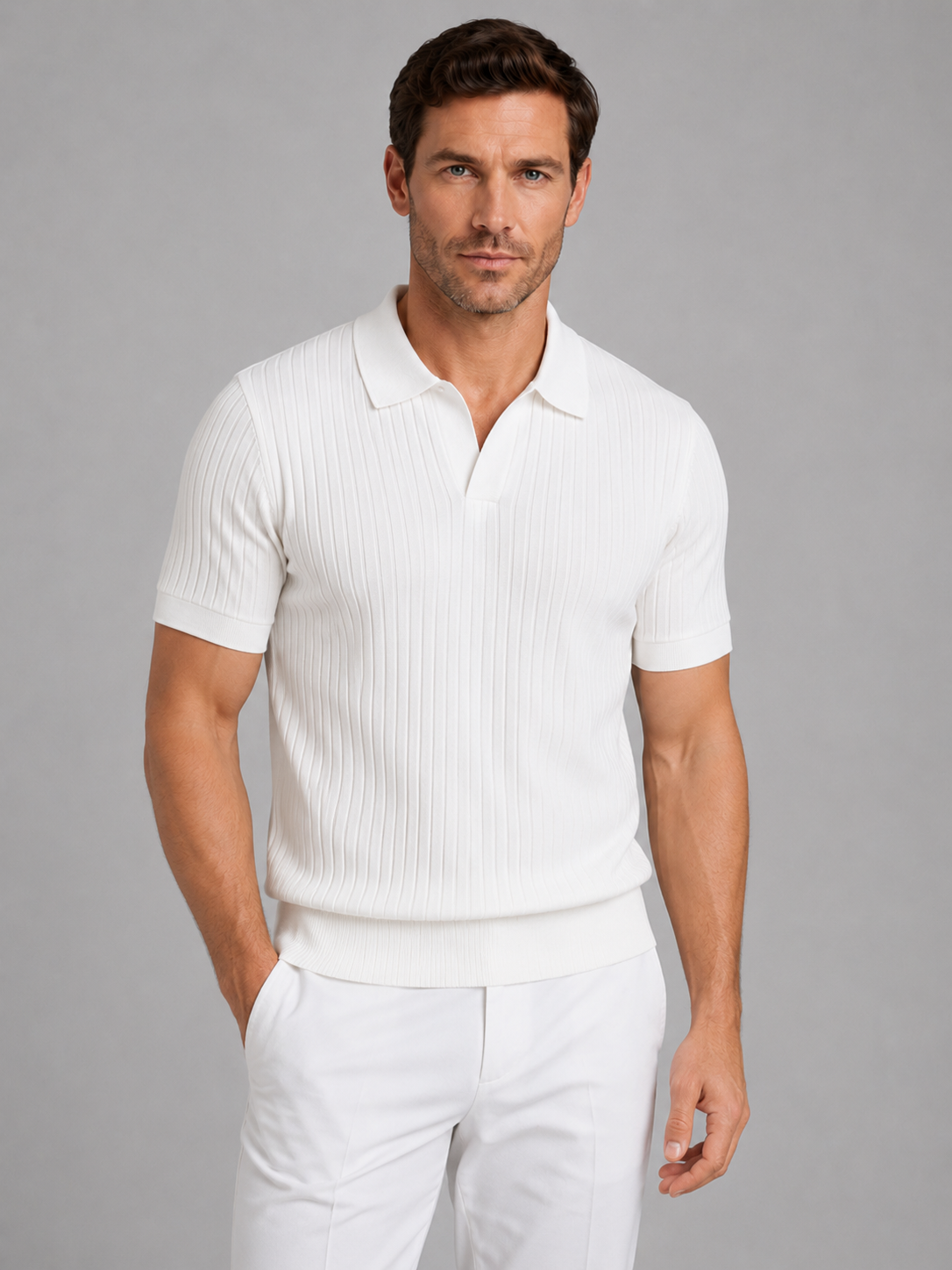 Men's Ribbed Knit V-Neck Polo Shirt | Short Sleeve