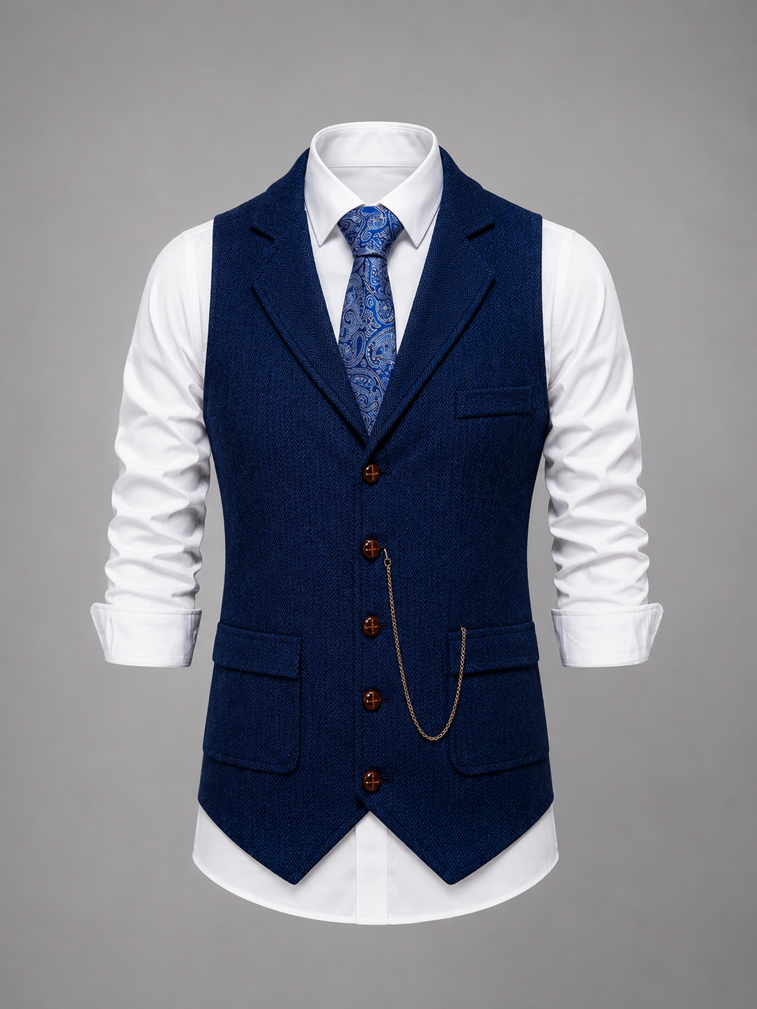 Men's Vintage Herringbone Vest | Notch Lapel Waistcoat for Weddings and Business Casual