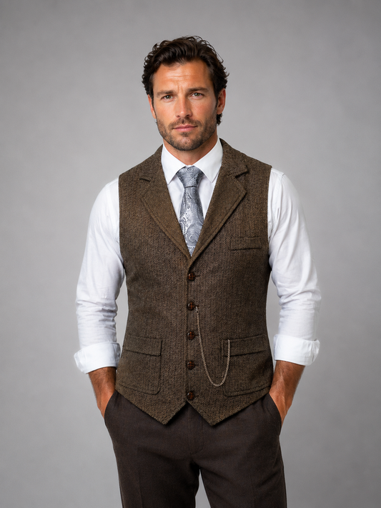 Men's Vintage Herringbone Vest | Notch Lapel Waistcoat for Weddings and Business Casual