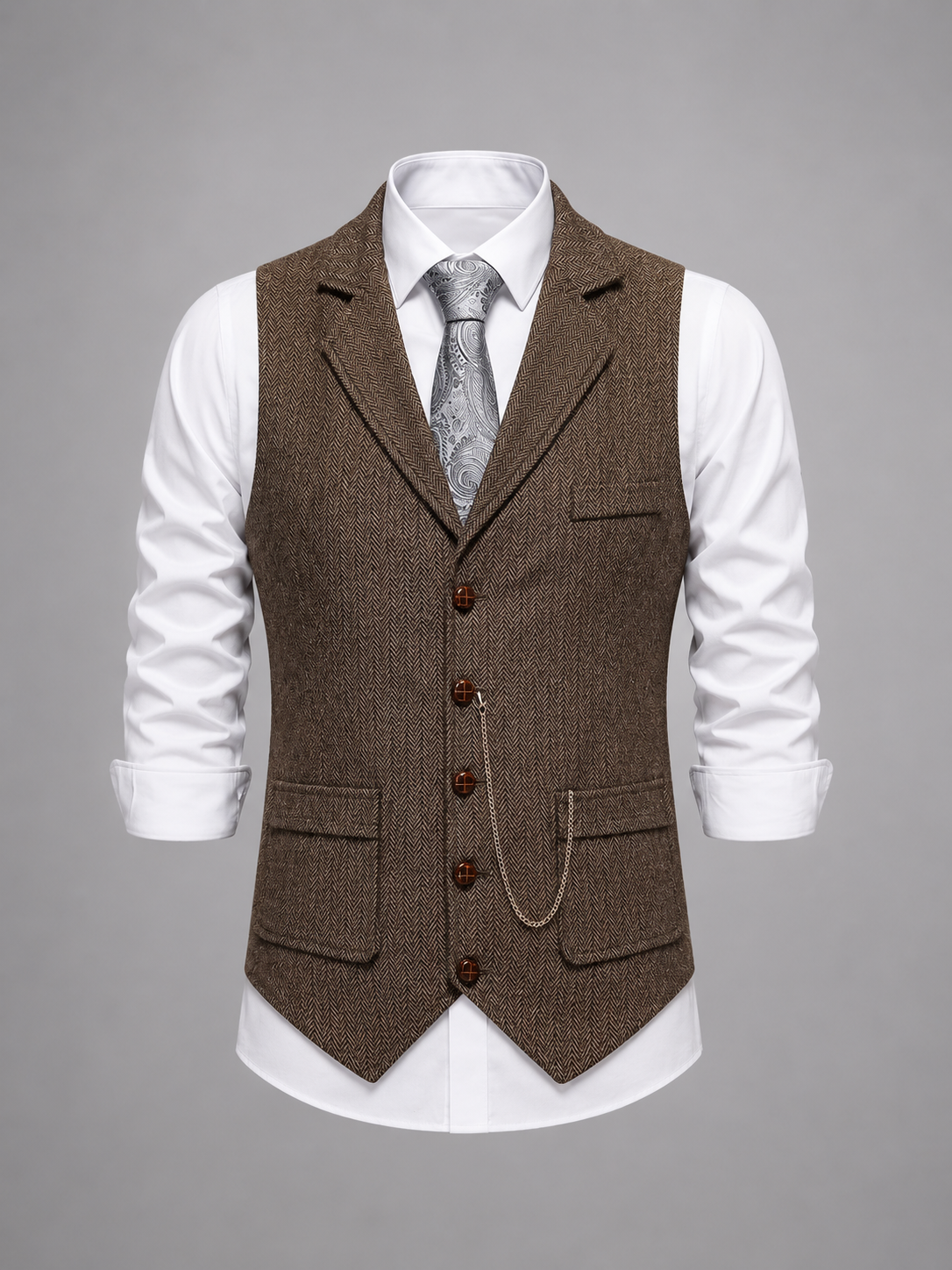 Men's Vintage Herringbone Vest | Notch Lapel Waistcoat for Weddings and Business Casual
