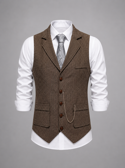 Men's Vintage Herringbone Vest | Notch Lapel Waistcoat for Weddings and Business Casual