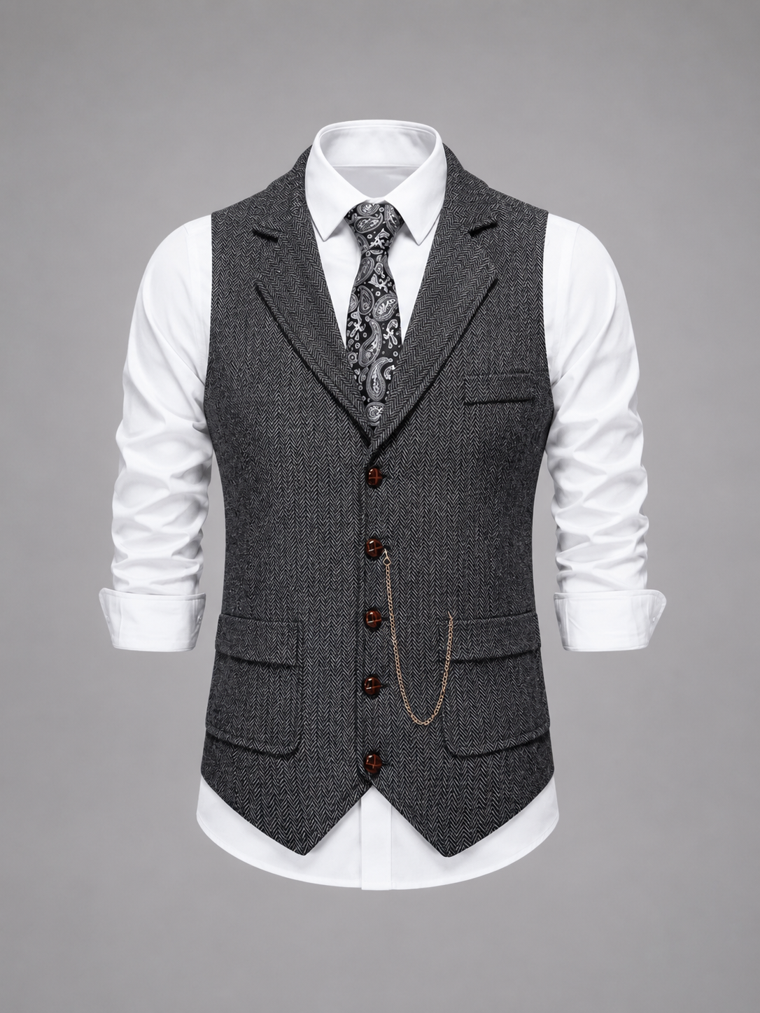 Men's Vintage Herringbone Vest | Notch Lapel Waistcoat for Weddings and Business Casual