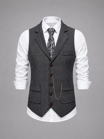 Men's Vintage Herringbone Vest | Notch Lapel Waistcoat for Weddings and Business Casual