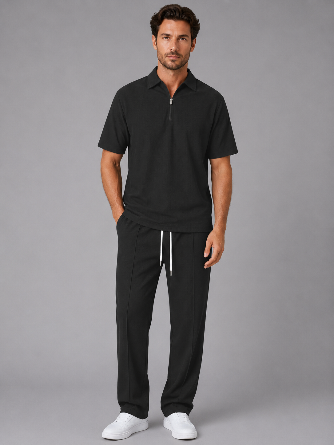 Men’s Quarter Zip Polo and Relaxed Fit Trousers | 2-Piece Set