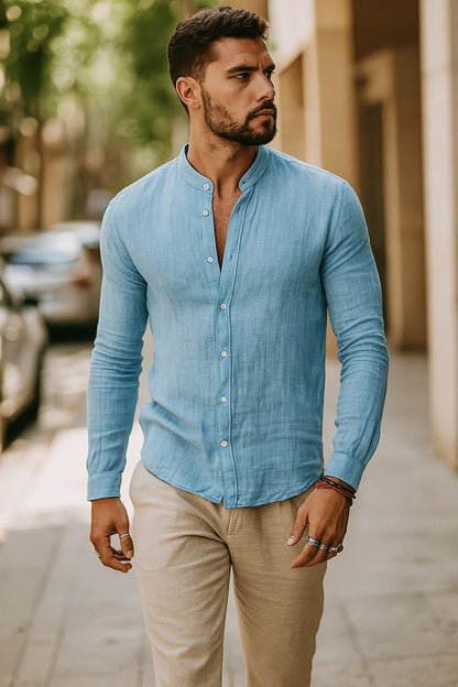 Men’s Casual Mandarin Collar Shirt | Long Sleeve