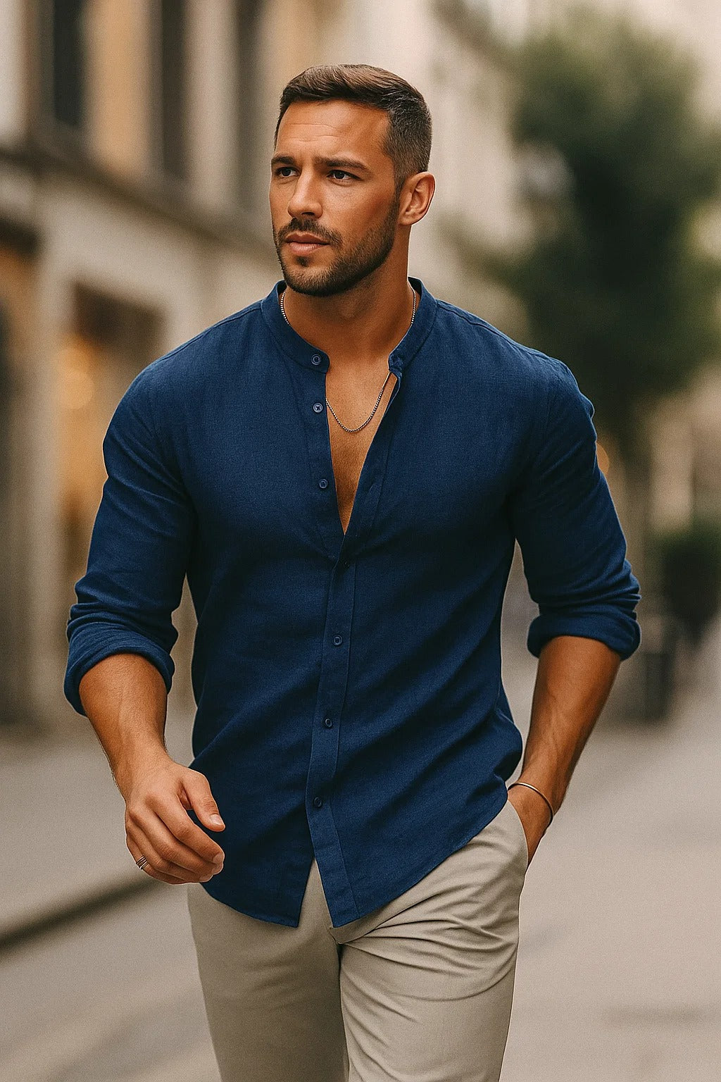 Men’s Casual Mandarin Collar Shirt | Long Sleeve