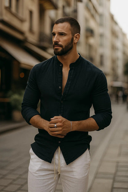 Men’s Casual Mandarin Collar Shirt | Long Sleeve