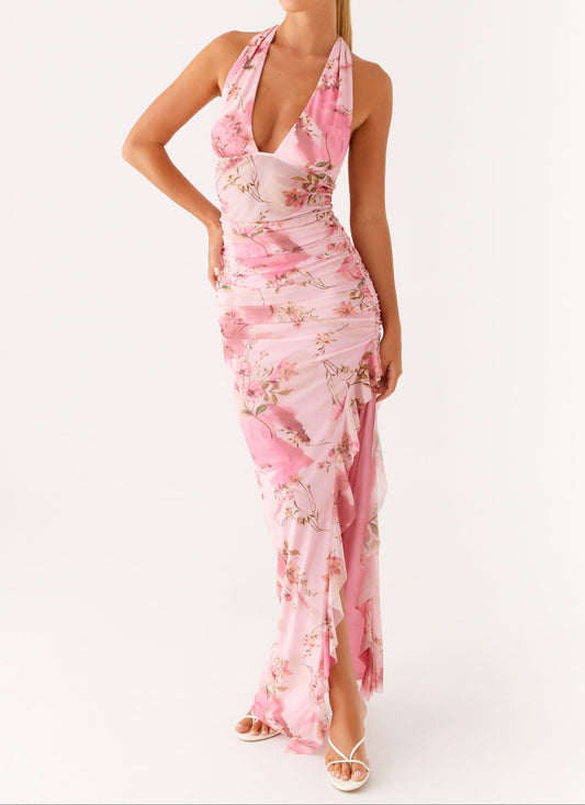 Elena Halter Maxi Dress - Pink Floral Print