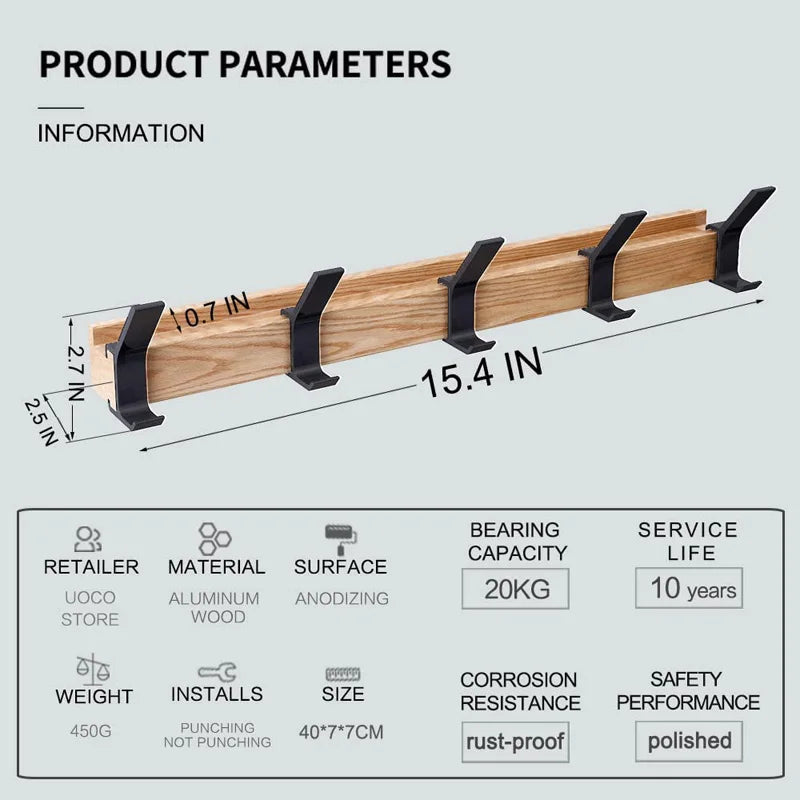Scandinavian Style Wall Coat Rack with Adjustable Hooks – Wood and Metal Design