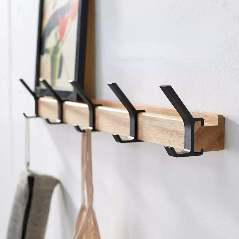 Wall Coat Rack with Adjustable Double Hooks | Scandinavian Design | Wood & Aluminum | Space-Saving & Modern