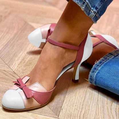Women's Retro Colorblock Ankle Strap Heels | with Bow Detail