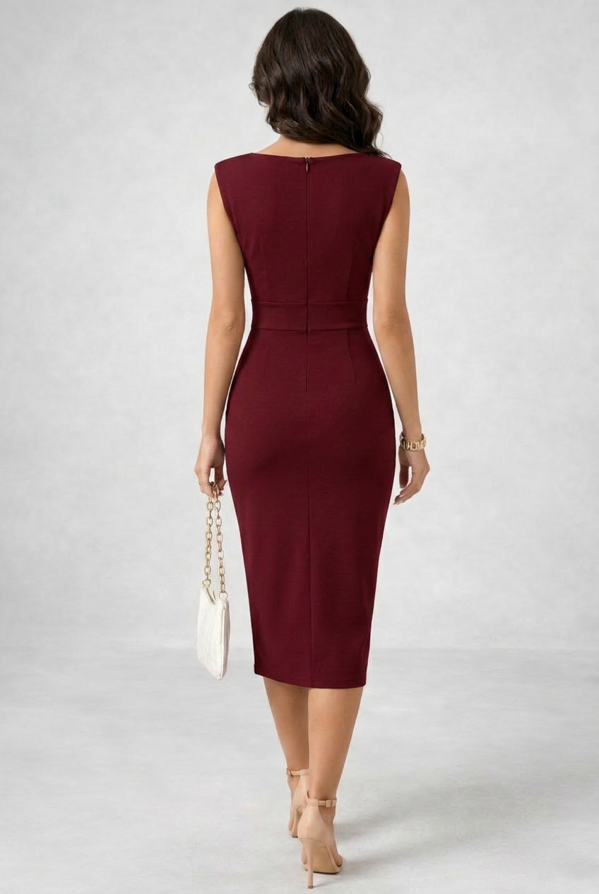 Women's V-Neck Cocktail Midi Dress | Sleeveless