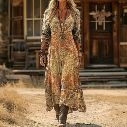 Women’s Vintage Boho V-Neck Maxi Dress | Long Sleeve
