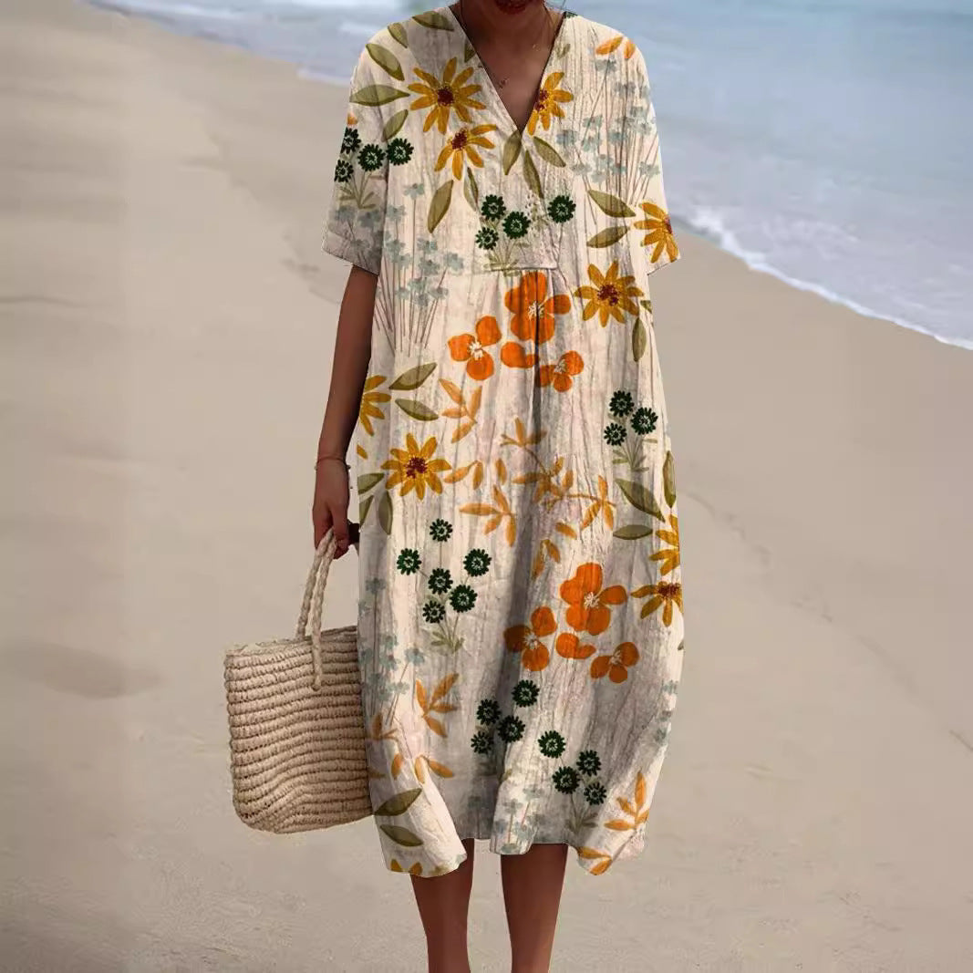 Women's Floral Pattern V-Neck Summer Dress | Midi