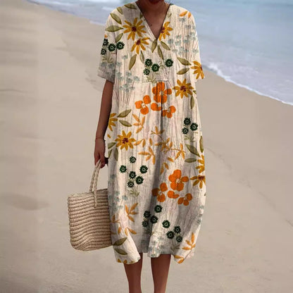 Women's Floral Pattern V-Neck Summer Dress | Midi