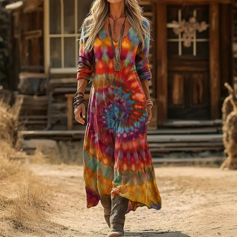 Women’s Vintage Boho V-Neck Maxi Dress | Long Sleeve