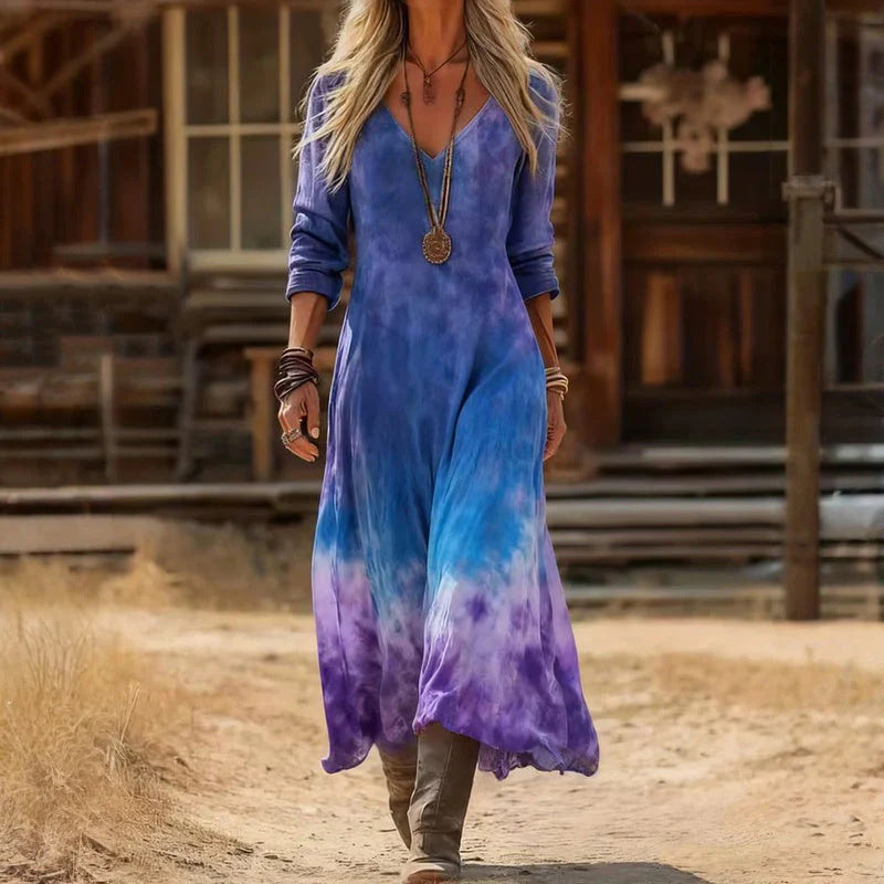 Women’s Vintage Boho V-Neck Maxi Dress | Long Sleeve