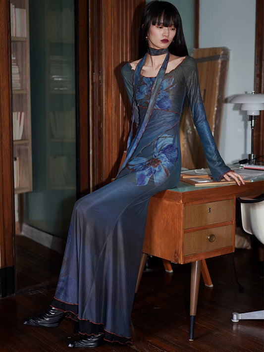 Vintage off shoulder bloemenprint mesh slim maxi jurk