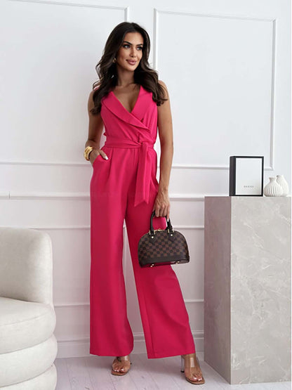 Women's Casual Sleeveless V-Neck Jumpsuit | with Tie Belt