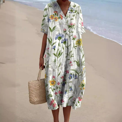 Women's Floral Pattern V-Neck Summer Dress | Midi