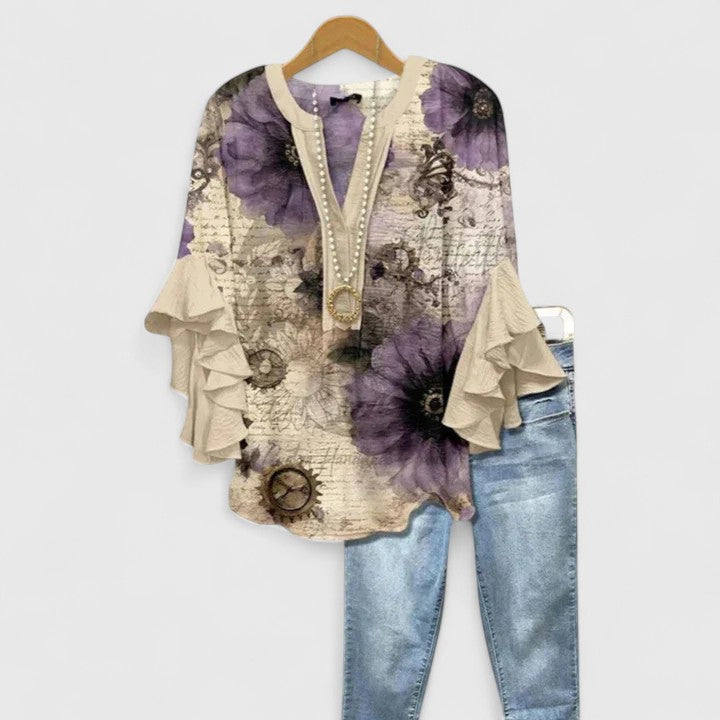 Women's Bohemian V-Neck Printed Blouse | with Ruffled 3/4 Sleeves