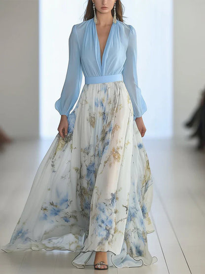 Women's Pleated Floral Print Formal Maxi Dress | Long Sleeve