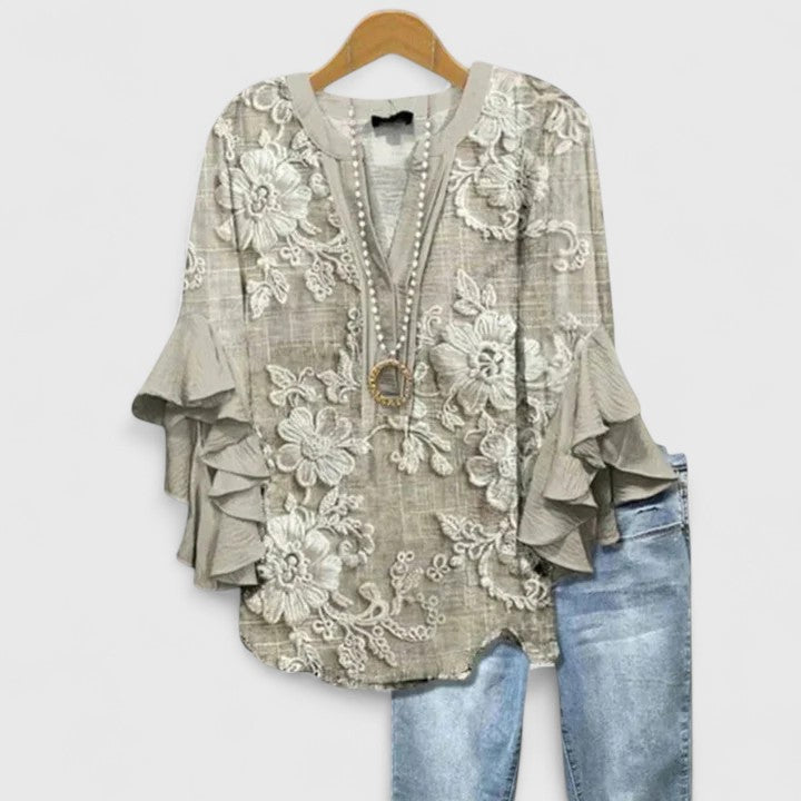 Women's Bohemian V-Neck Printed Blouse | with Ruffled 3/4 Sleeves