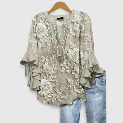 Women's Bohemian V-Neck Printed Blouse | with Ruffled 3/4 Sleeves
