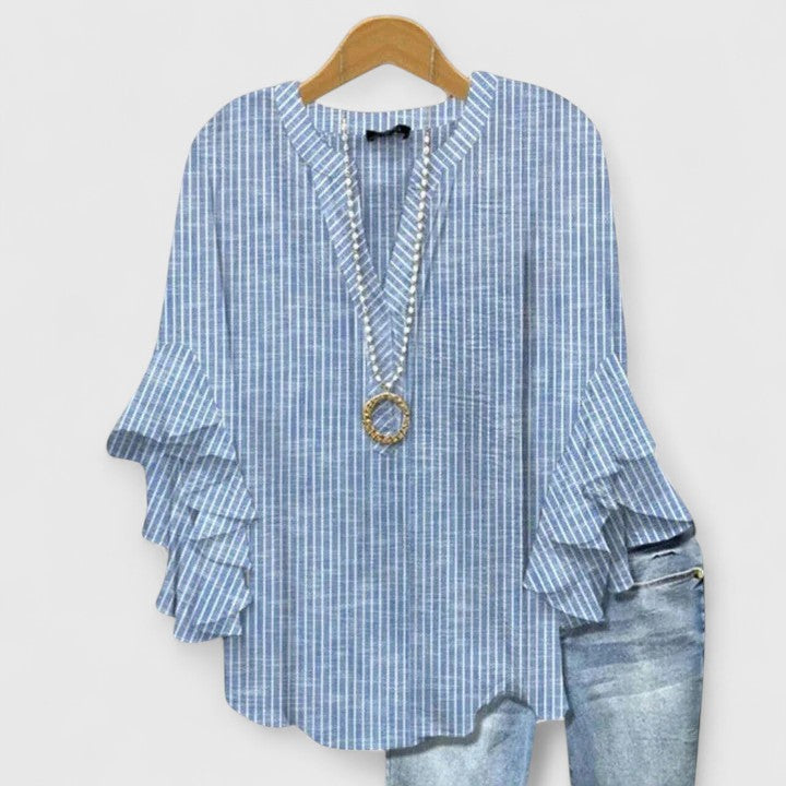Women's Bohemian V-Neck Printed Blouse | with Ruffled 3/4 Sleeves