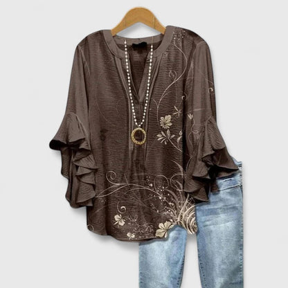 Women's Bohemian V-Neck Printed Blouse | with Ruffled 3/4 Sleeves