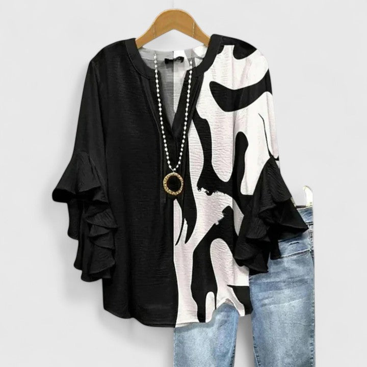 Women's Bohemian V-Neck Printed Blouse | with Ruffled 3/4 Sleeves