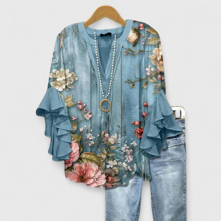 Women's Bohemian V-Neck Printed Blouse | with Ruffled 3/4 Sleeves