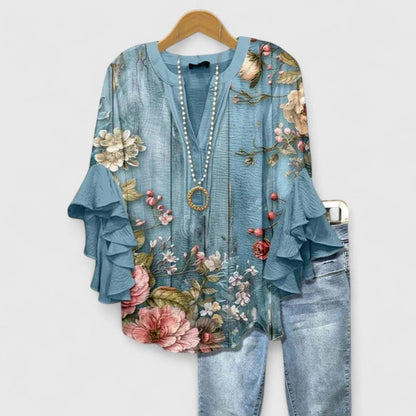 Women's Bohemian V-Neck Printed Blouse | with Ruffled 3/4 Sleeves