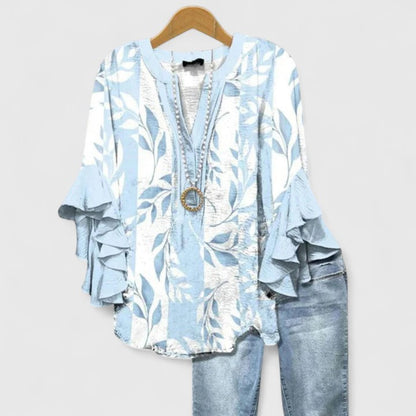 Women's Bohemian V-Neck Printed Blouse | with Ruffled 3/4 Sleeves