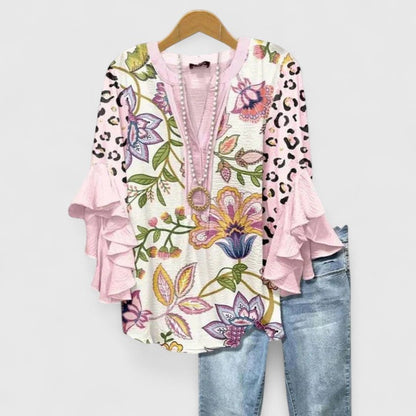 Women's Bohemian V-Neck Printed Blouse | with Ruffled 3/4 Sleeves