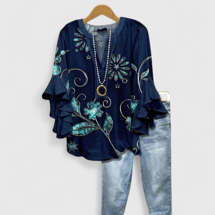 Women's Bohemian V-Neck Printed Blouse | with Ruffled 3/4 Sleeves