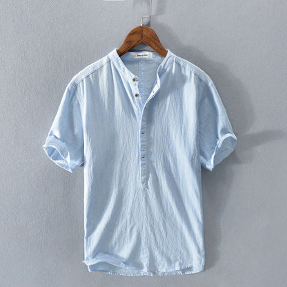 Men's Mandarin Collar Linen Shirt | Short Sleeve
