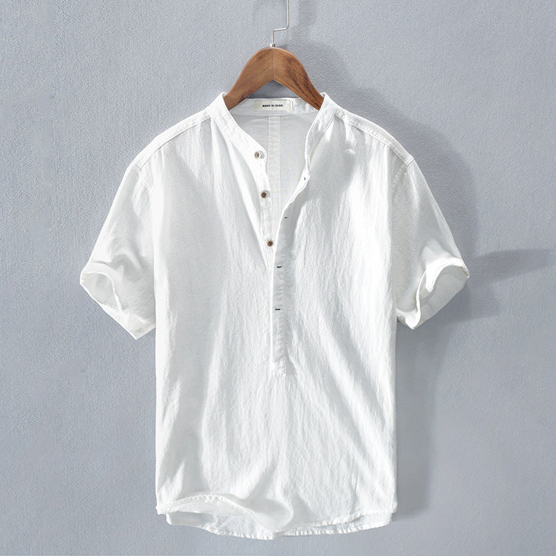 Men's Mandarin Collar Linen Shirt | Short Sleeve