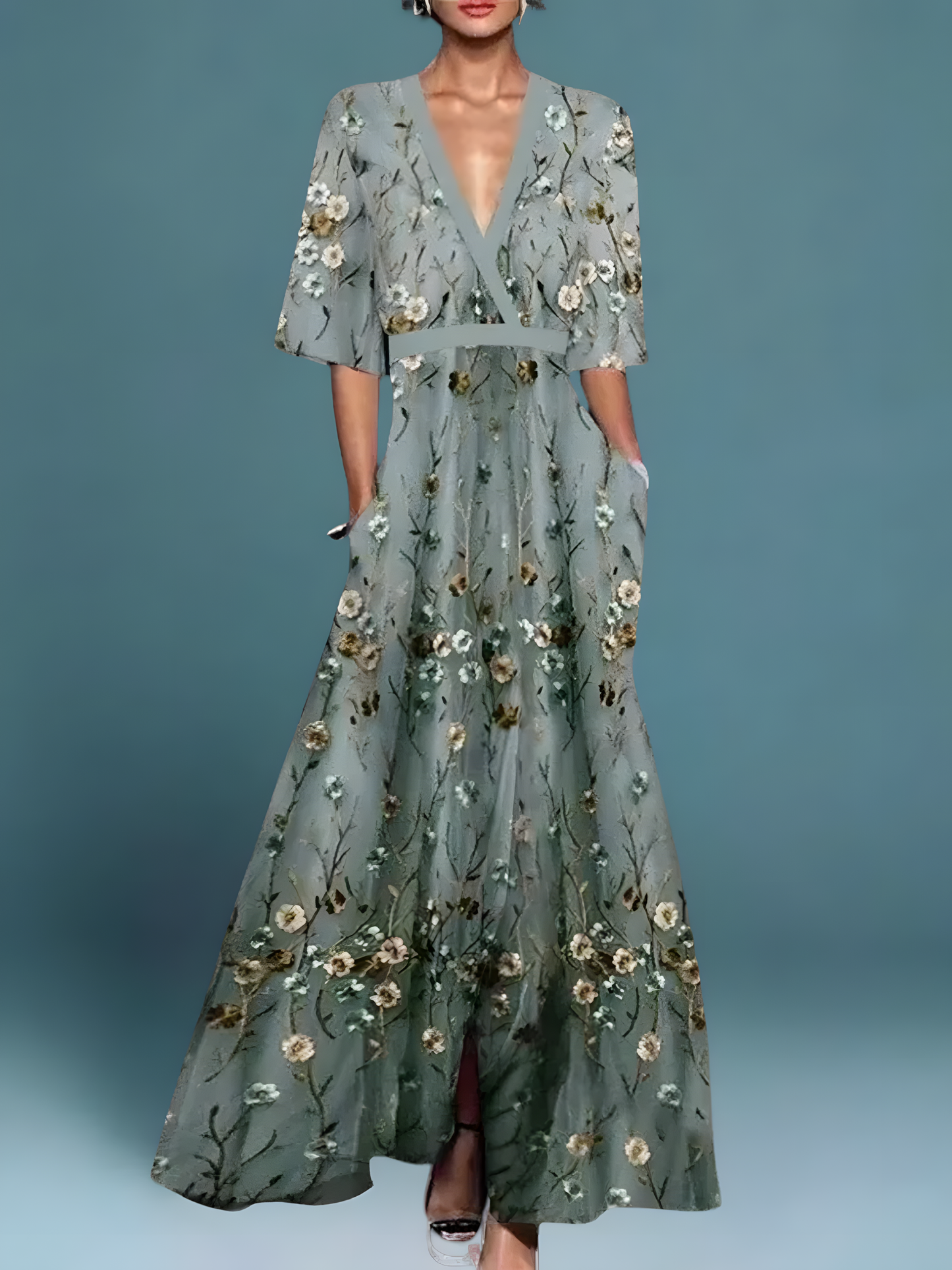 Women's Boho Floral V-Neck Maxi Dress | with Pockets