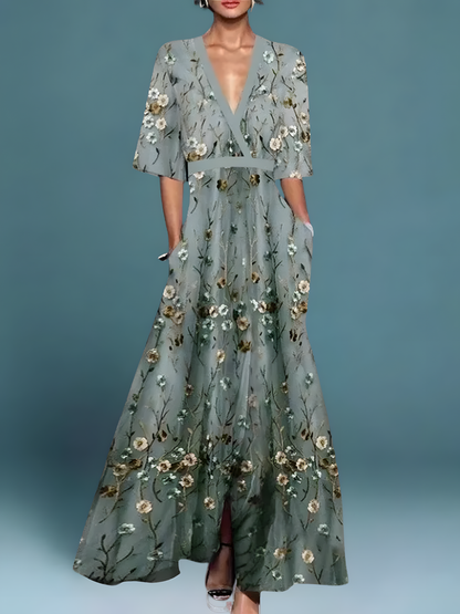 Women's Boho Floral V-Neck Maxi Dress | with Pockets