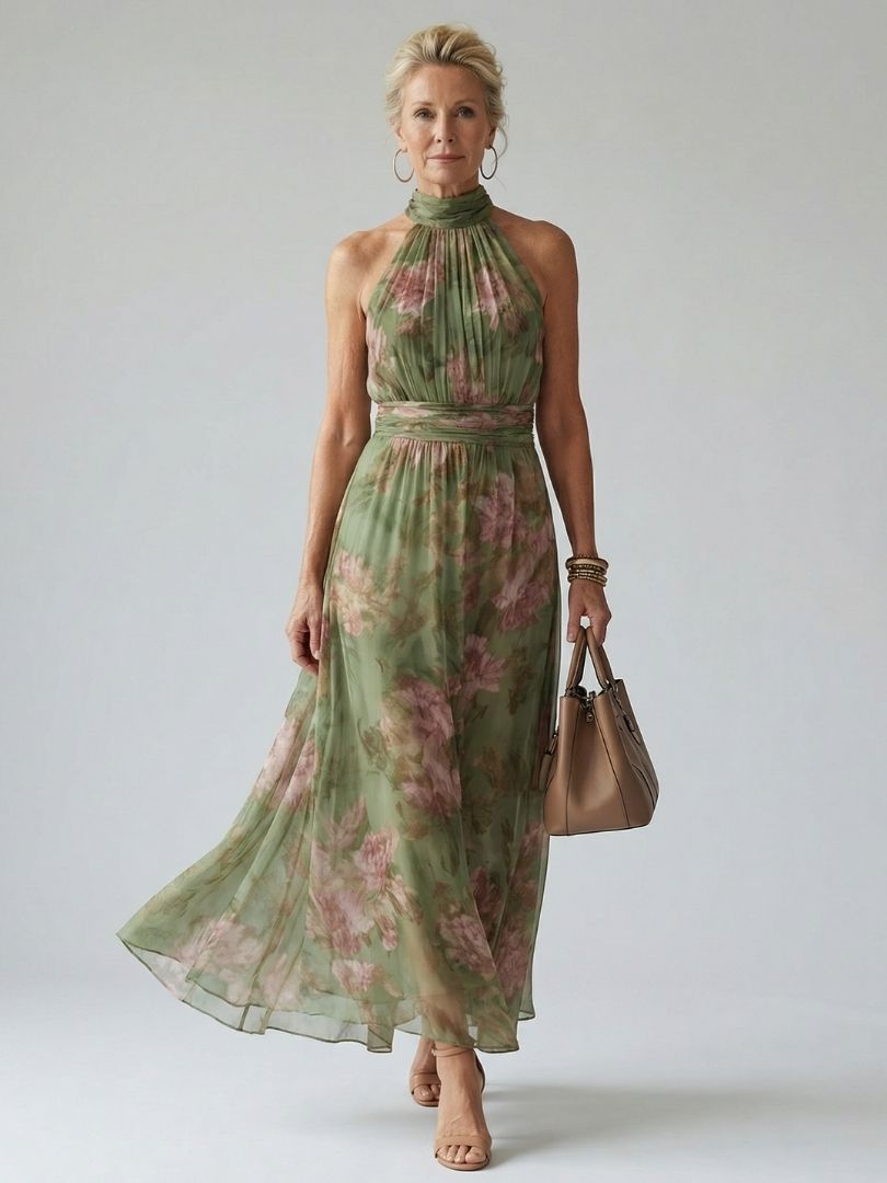 Women's Floral Halter Wedding Guest Dress | Maxi