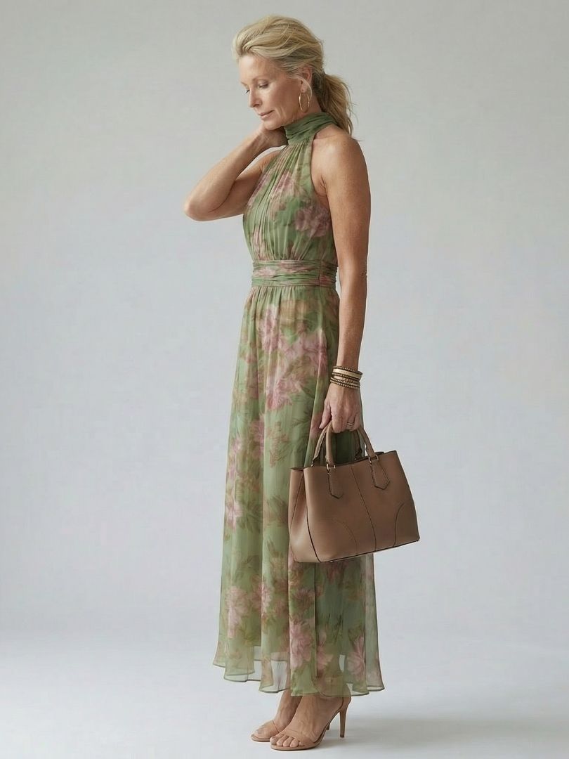 Women's Floral Halter Wedding Guest Dress | Maxi