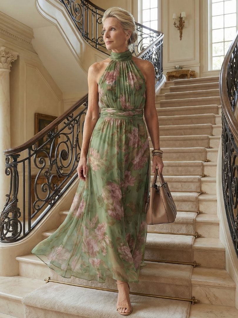 Women's Floral Halter Wedding Guest Dress | Maxi