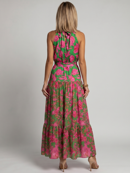 Women's Pink and Green Floral Halter Neck Maxi Dress | Summer