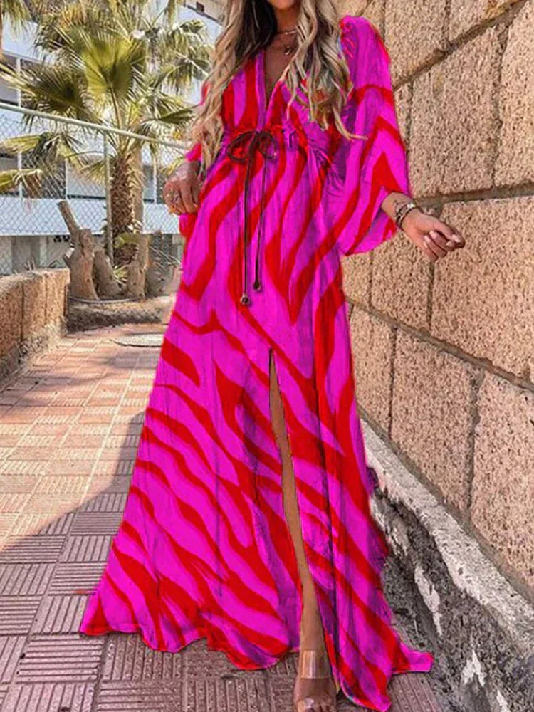Women's Boho Style V-Neck Maxi Dress | with Front Slit