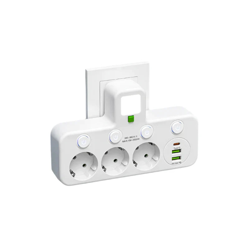 Power Strip with 3–4 Outlets, 2 USB Ports, and 1 Type-C Port | 2500 W | Surge Protection and Control Switch