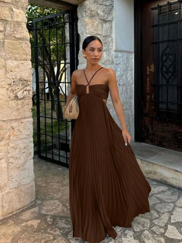 Women's Pleated Halter Neck Dress | Maxi