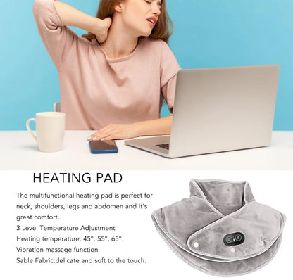 Heat Neck & Shoulder Massager | USB Heating Pad with Vibration | 3 Temperature Settings & Timer | Soft Plush Design